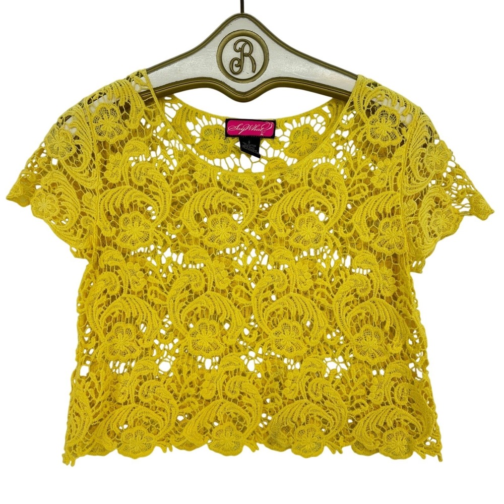 Vintage y2k Yellow Lace Crochet Top SMALL Boho Festival Coquette Sheer Romantic